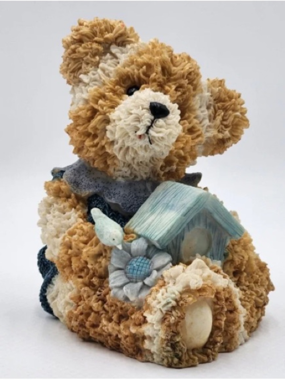 Brown & Cream Teddy Bear Figurine with Blue Birdhouse Accent